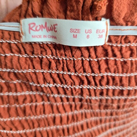 Women's Terra Cotta  Shoulder Tie Skater Smocked Button Front Mini Boho Dress - Picture 10 of 10